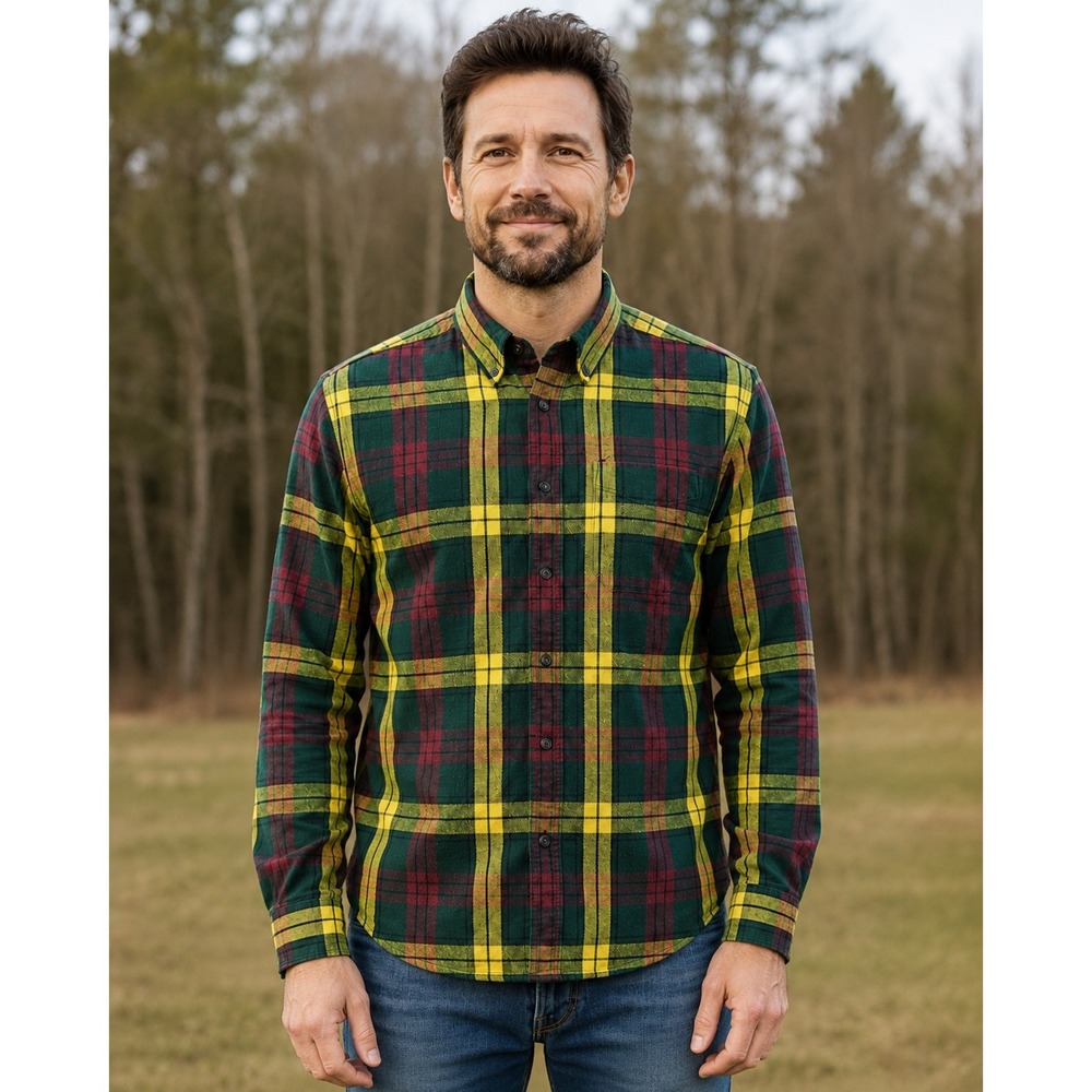 L.L. Bean Flannel Shirt Mens M Green Yellow Plaid Slightly Fitted Outdoor
